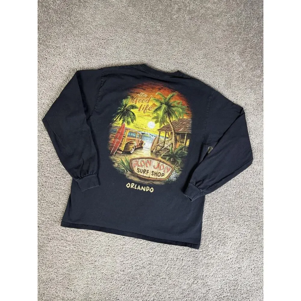 Ron Jon Surf Shop Shirt Mens L Black Surf Graphic Long Sleeve Crew Neck